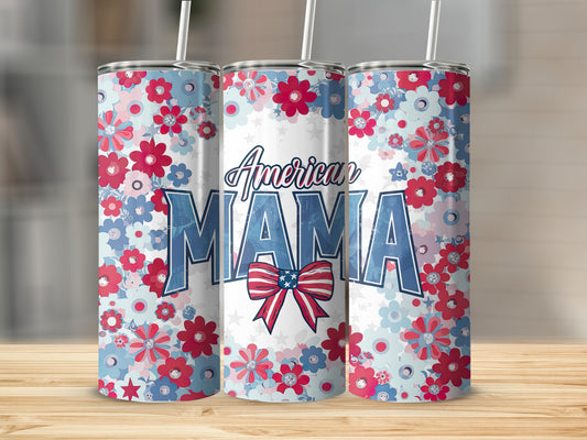 American Mama tumbler with red, white, and blue floral pattern.