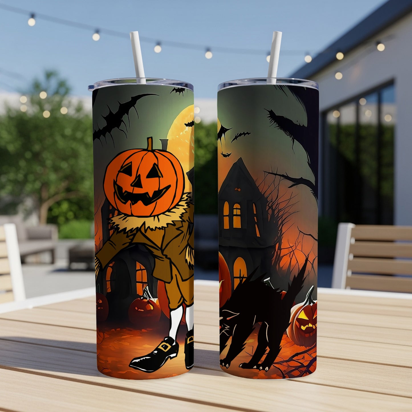 Two Halloween-themed tumblers with a jack-o-lantern scarecrow and a black cat.