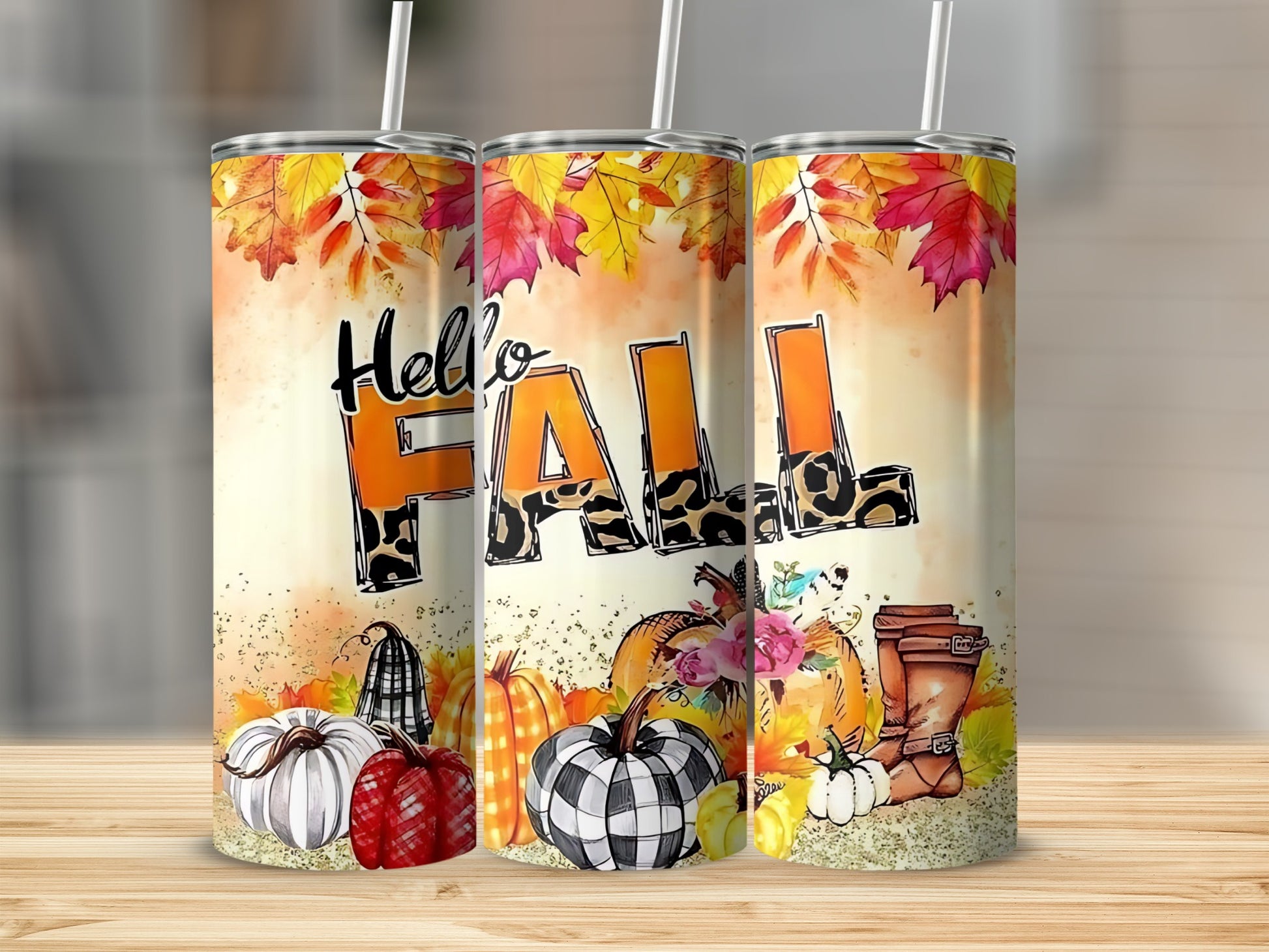 Hello Fall Autumn Leaves Pumpkin Design Tumbler Cup