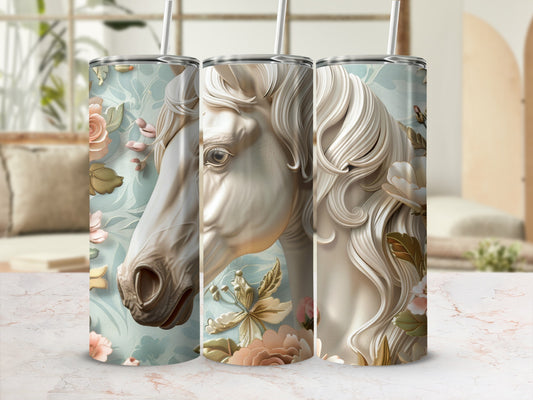Floral horse tumbler design with muted pastel colors and delicate flowers.