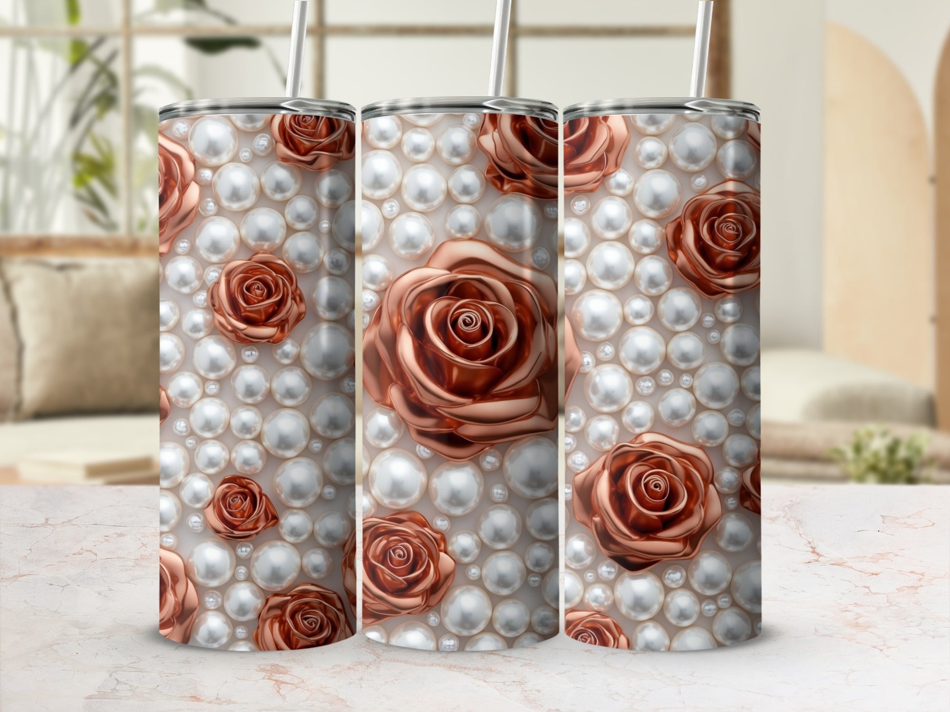 Rose and pearl pattern on a 20 oz skinny tumbler.