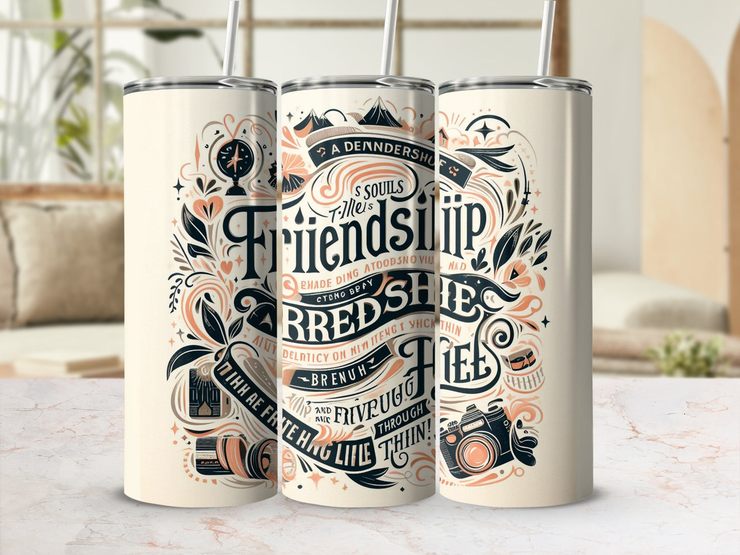 Friendship Souls Travel Tumbler with Straw Detailed Design
