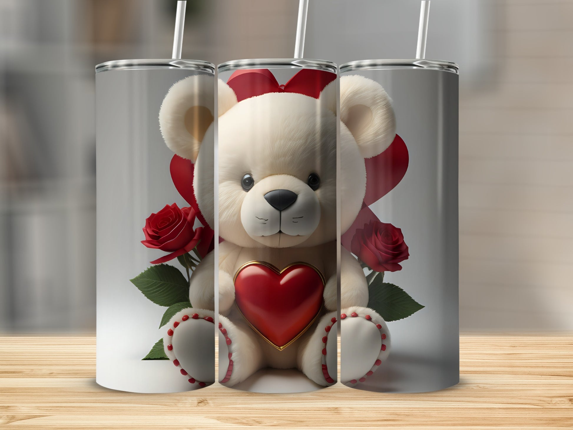 Teddy Bear with Heart and Roses Design Tumbler Cup