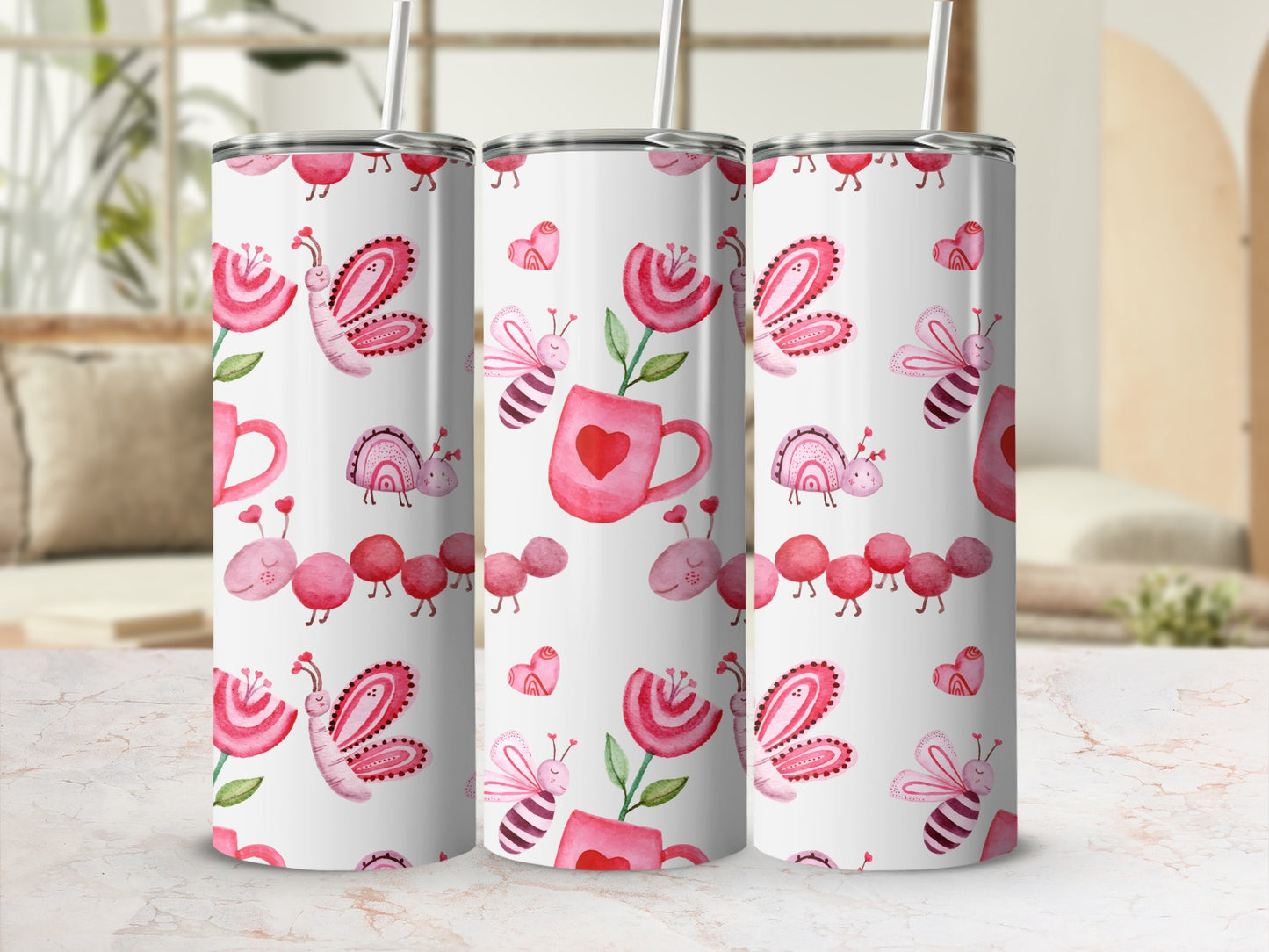 Adorable Pink Insects and Hearts Patterned Tumbler
