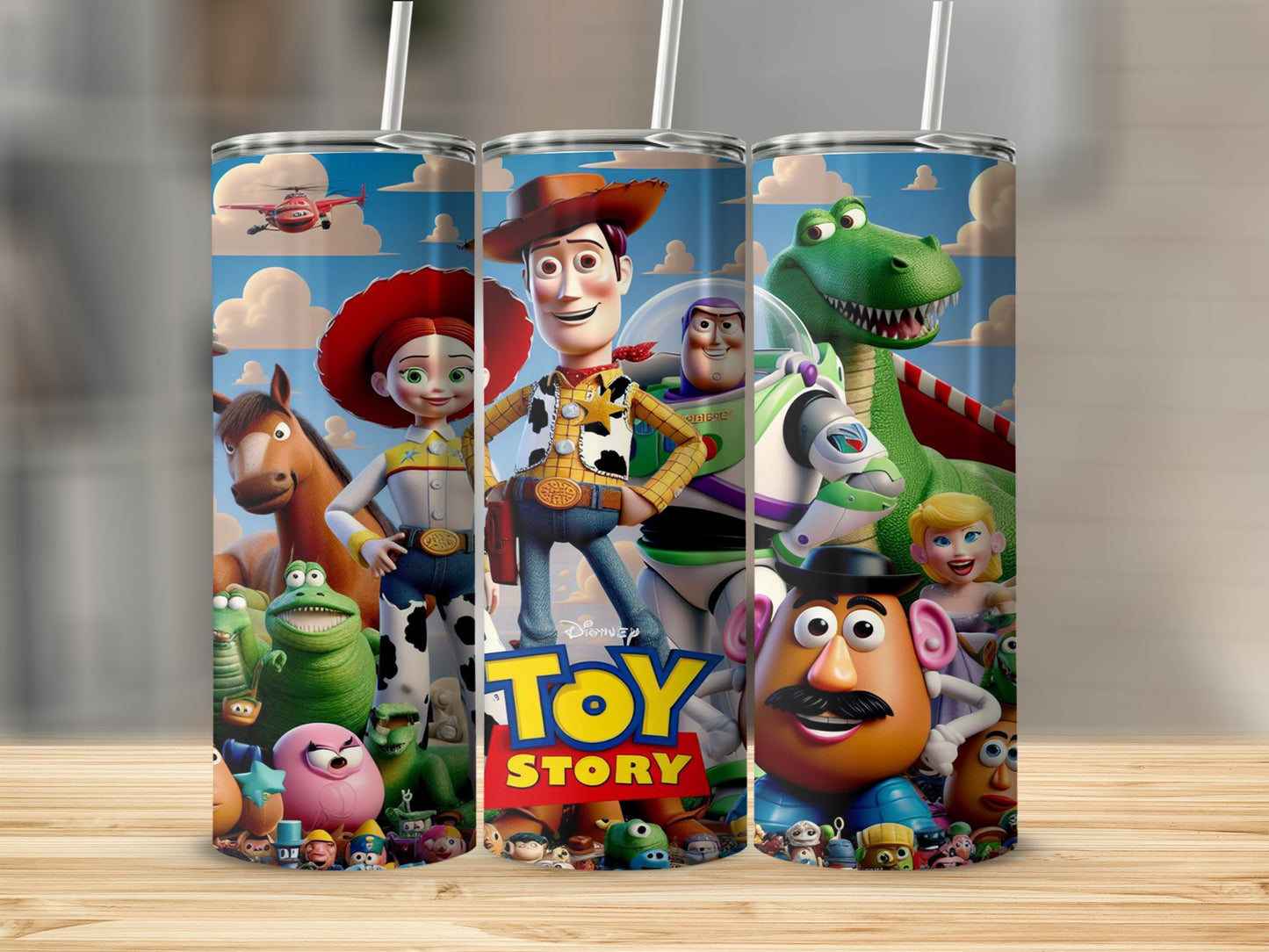Toy Story characters on three stainless steel tumblers.
