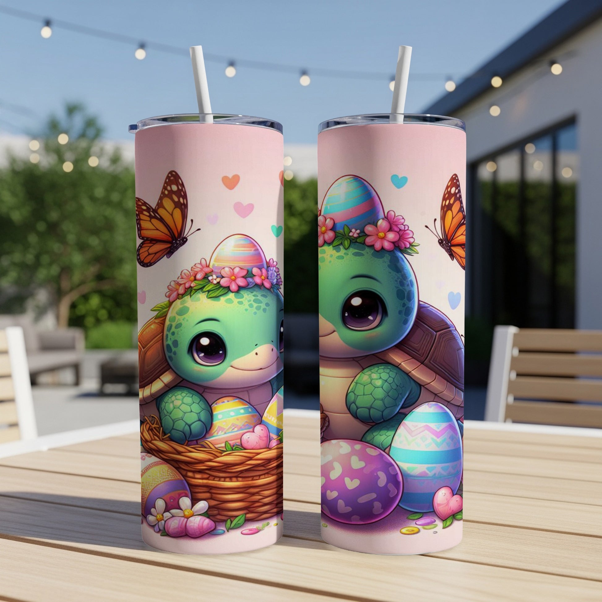 Cute cartoon turtles with Easter eggs and butterflies on a table.