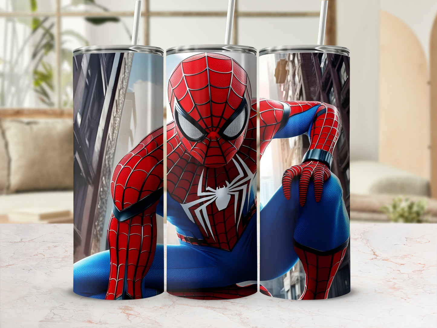 Spider-Man in a dynamic pose on a tumbler with a city background.