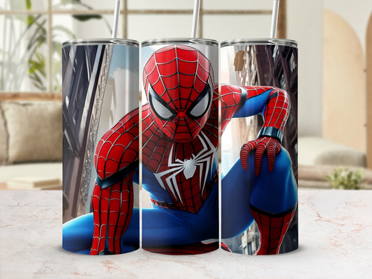 Spider-Man in a dynamic pose on a tumbler with a city background.