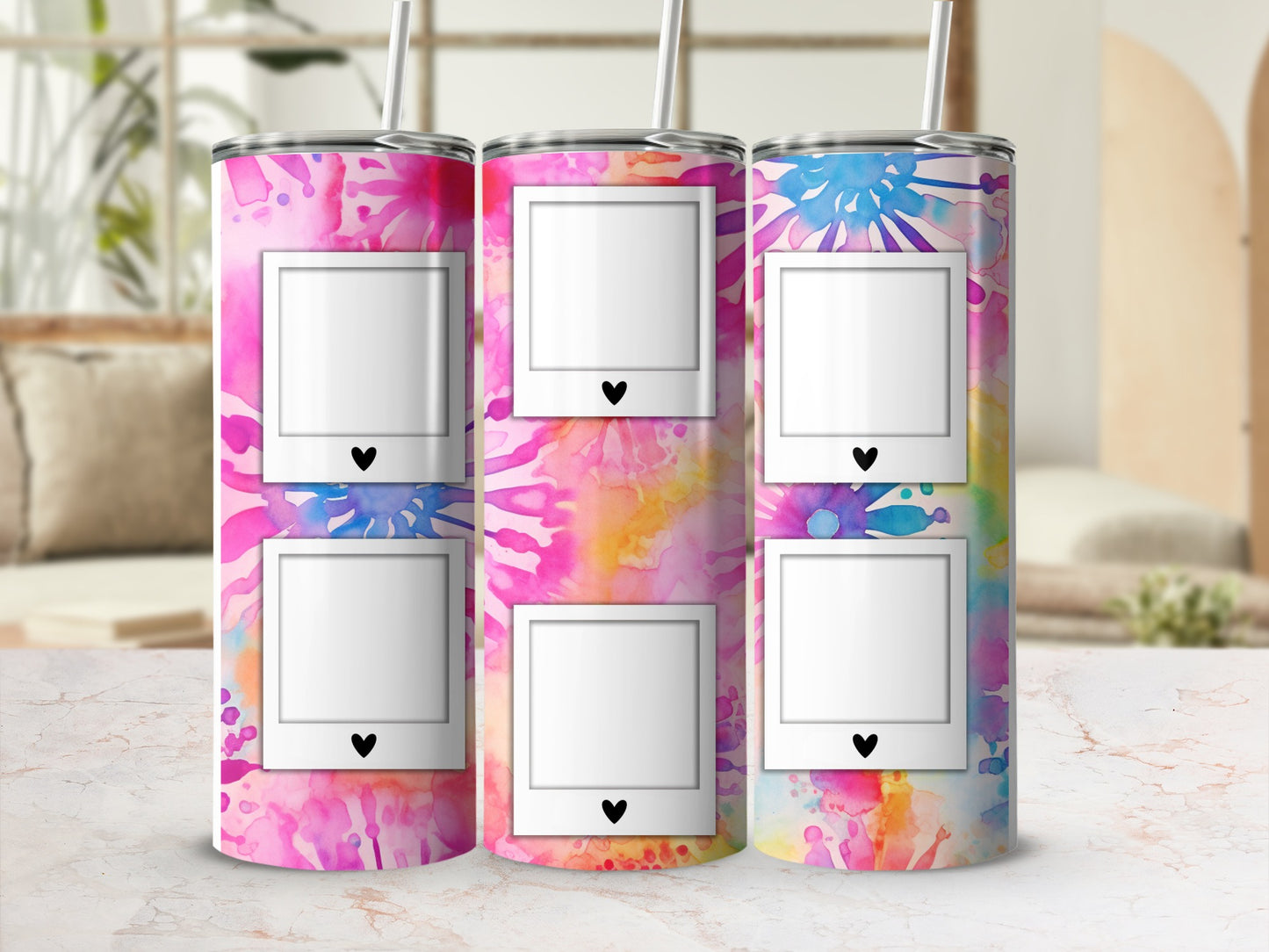 Three tumblers with colorful watercolor splashes and blank photo frames.