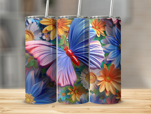 Three tumblers with blue butterflies and floral patterns.