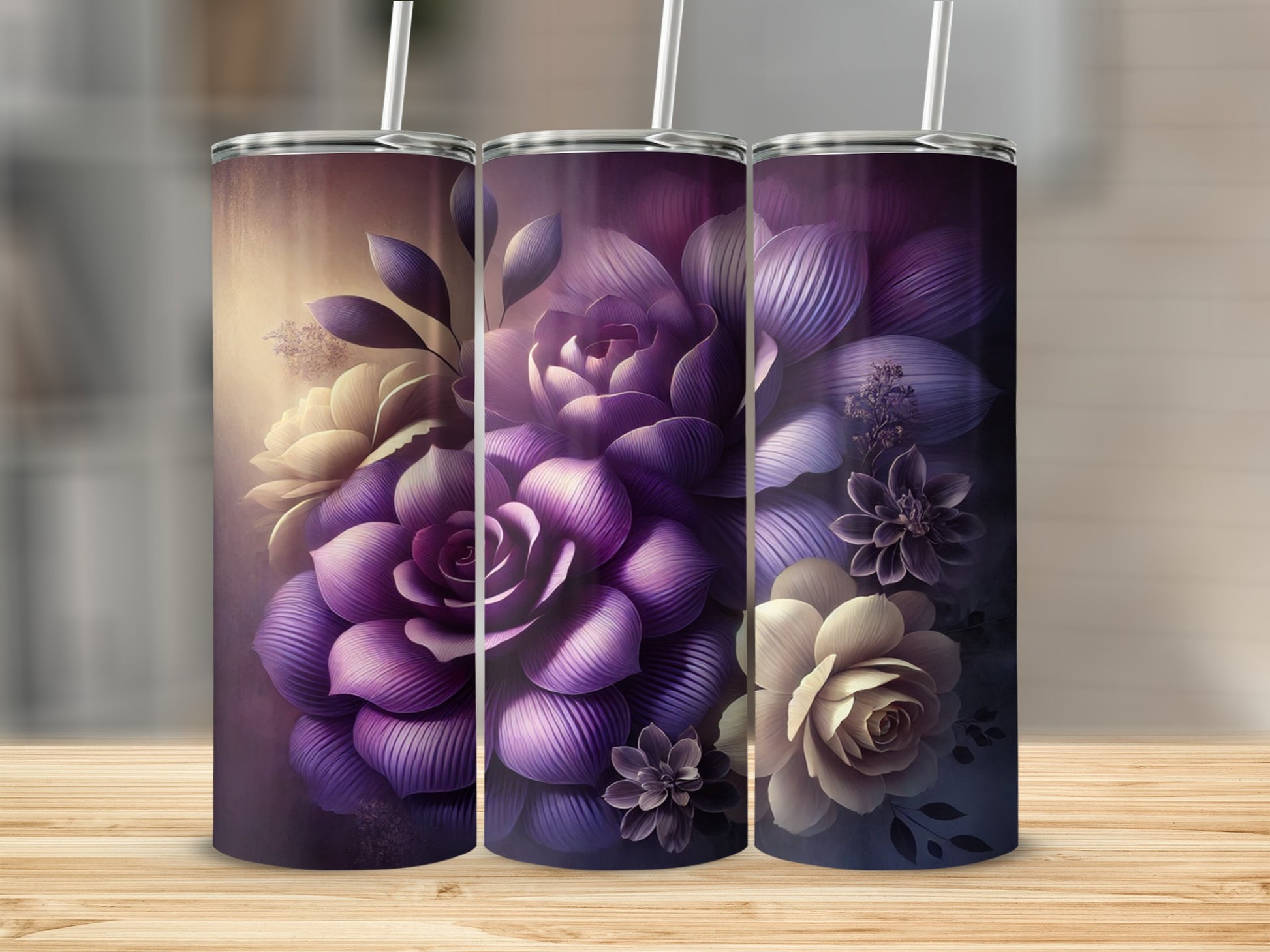 Vibrant purple and white floral design tumbler
