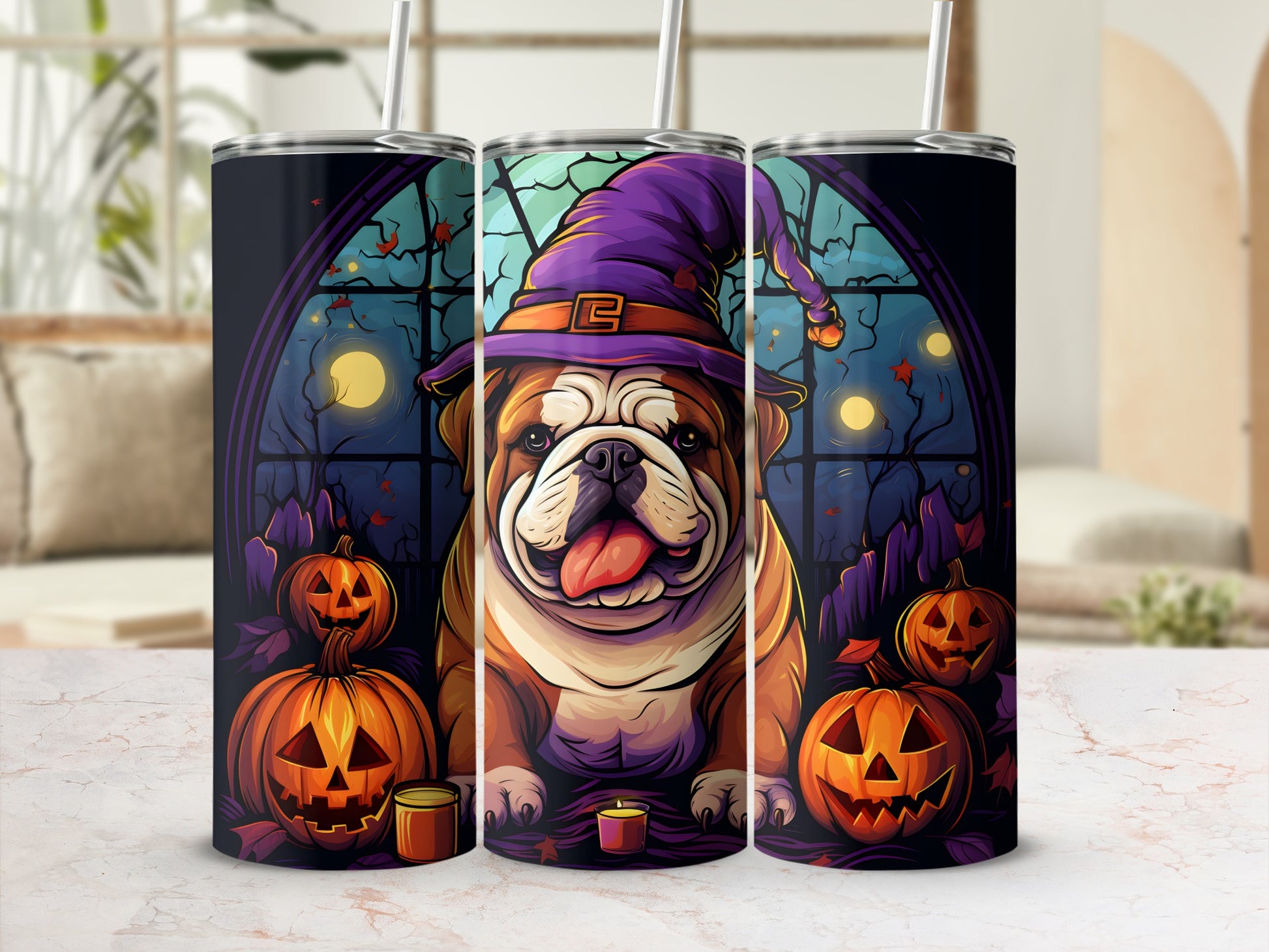 Bulldog in witch hat surrounded by pumpkins and a spooky night window.