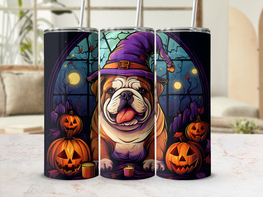 Bulldog in witch hat surrounded by pumpkins and a spooky night window.