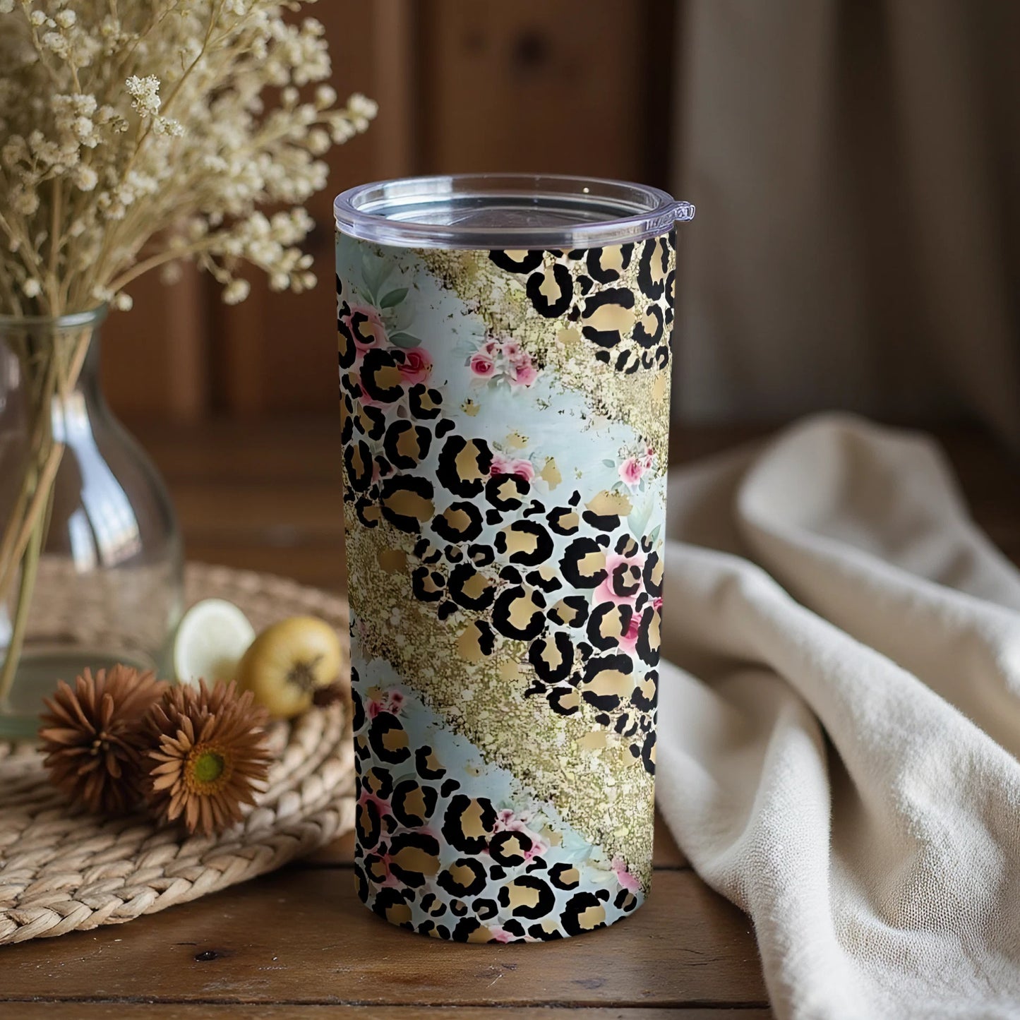 Stylish Leopard and Floral Pattern Tumbler for Beverages