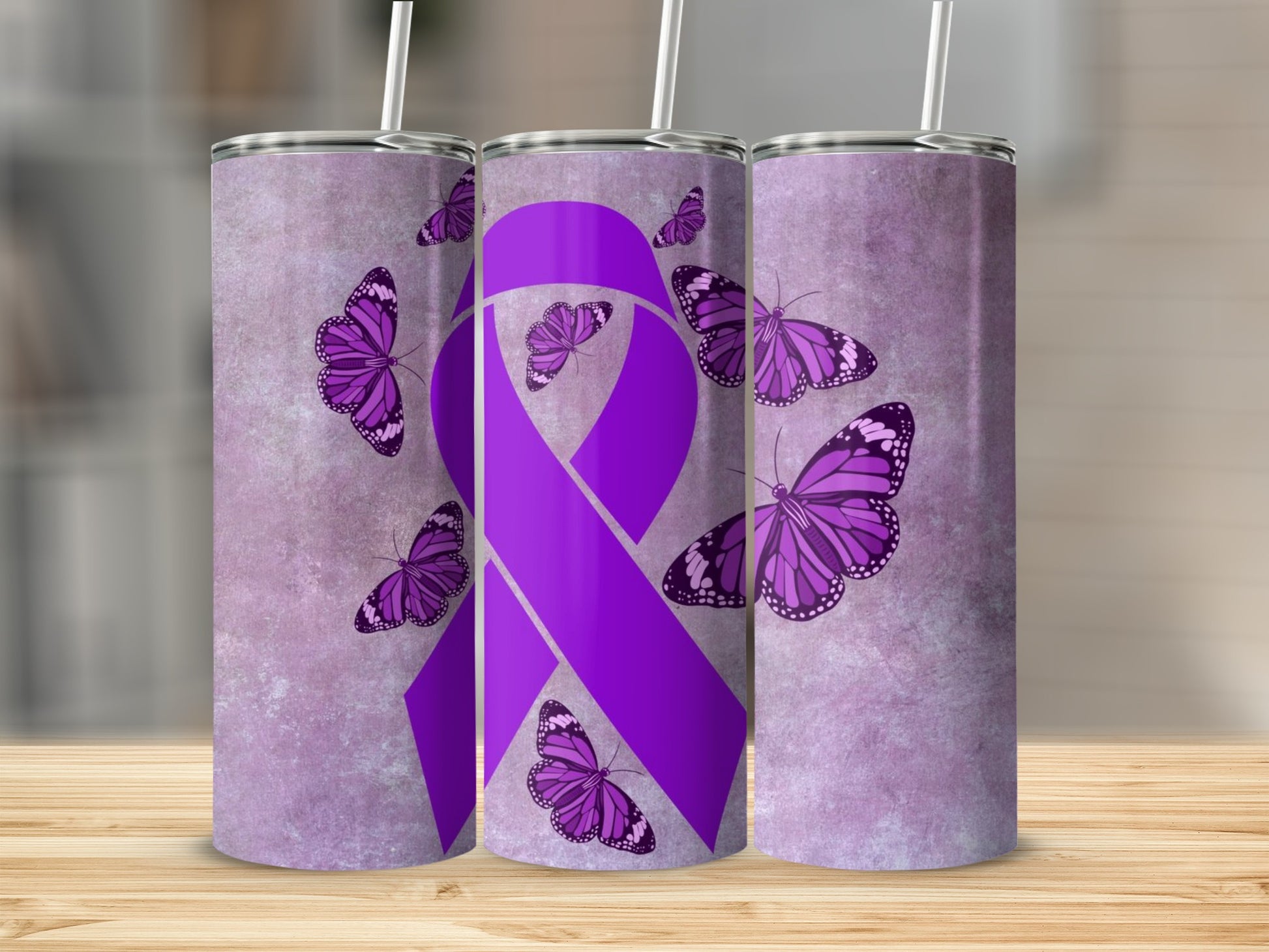 Purple Ribbon and Butterfly Design Tumbler Product