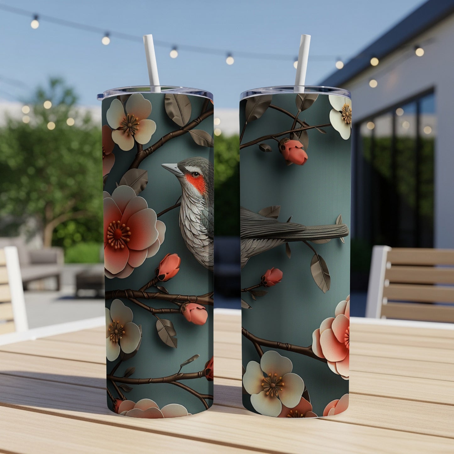 Two skinny tumblers with a bird and floral design.