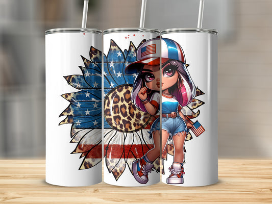 Sunflower with American flag accents and cartoon girl holding US flag.