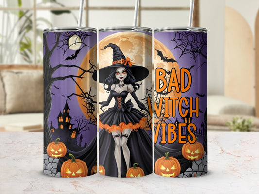 Three tumblers featuring a witch, pumpkins, bats, and "Bad Witch Vibes" text.