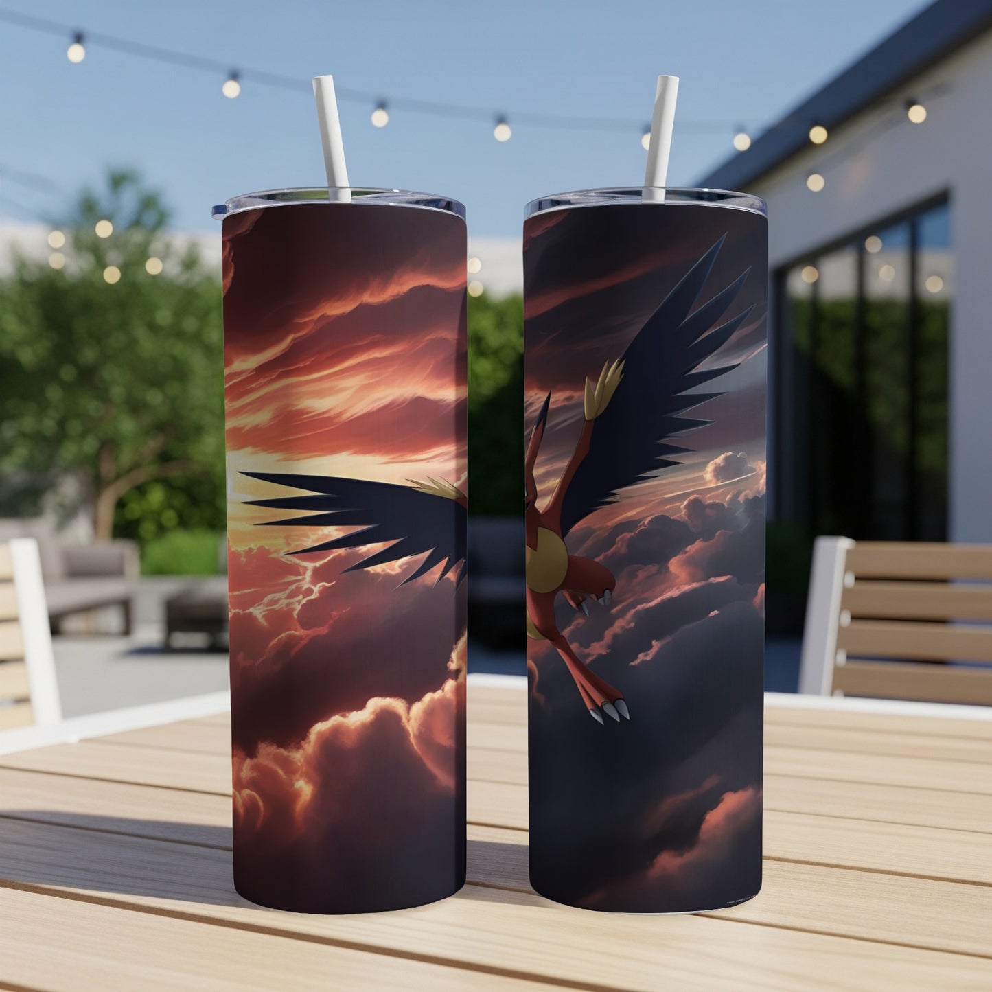 Two Pokémon Themed Tumblers with fiery backgrounds and dragon imagery.