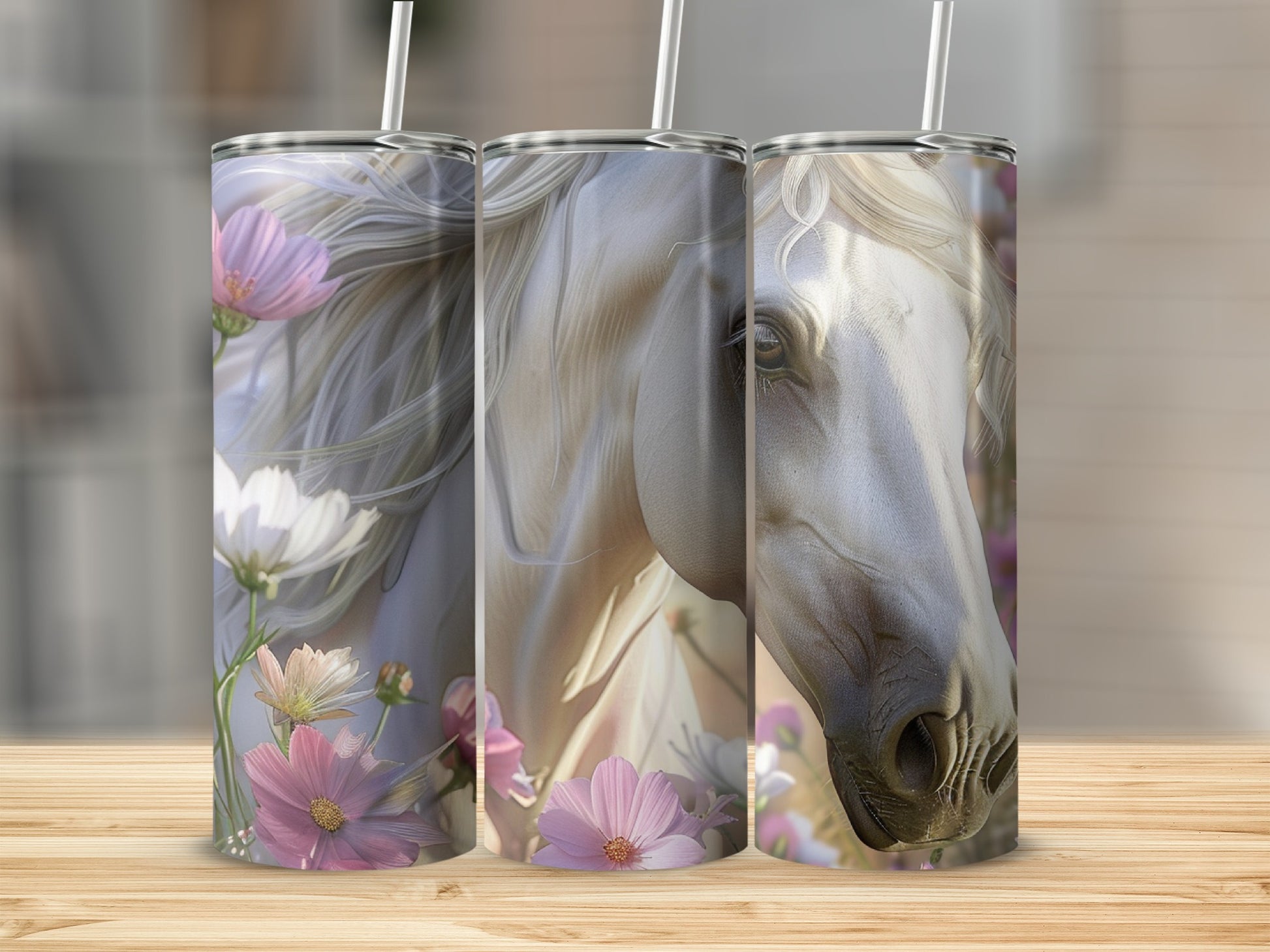 Three tumblers featuring a white horse with flowers.