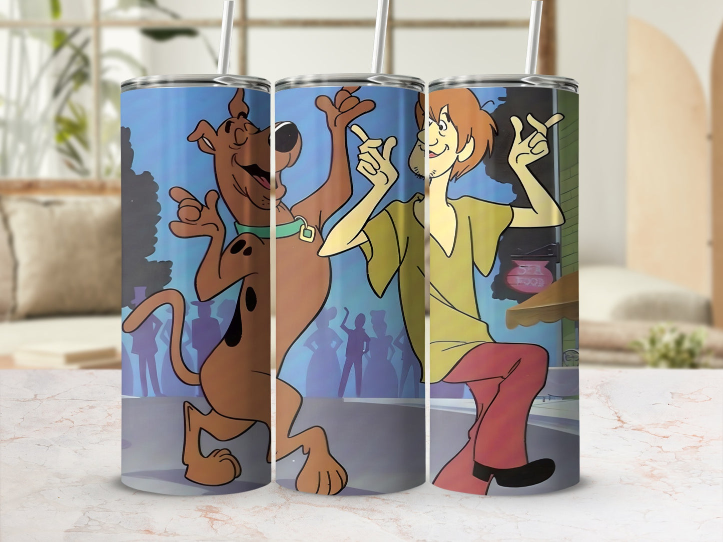 Scooby-Doo and Shaggy dancing in front of a colorful cartoon background.
