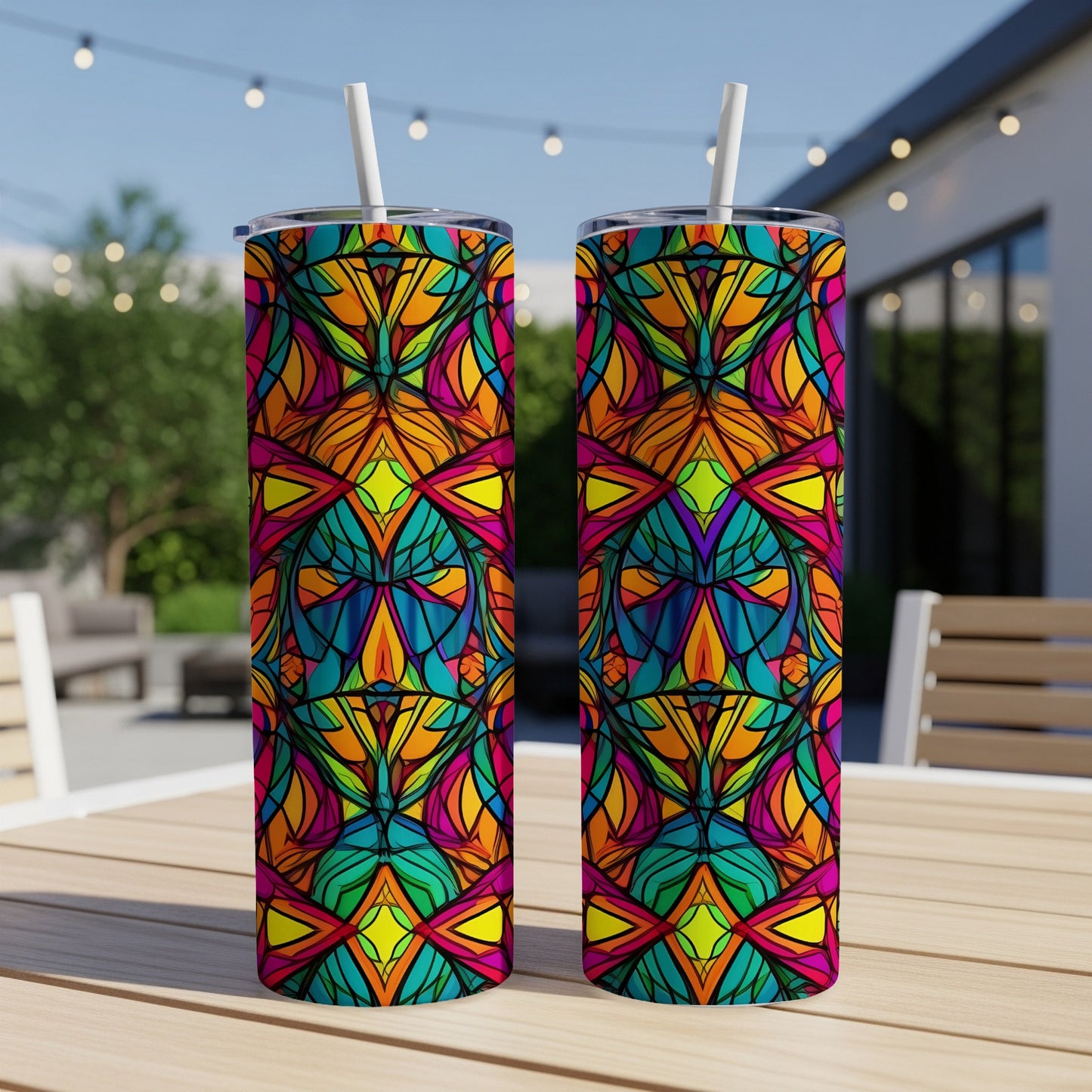 Two colorful geometric patterned tumblers with straws on a wooden table.