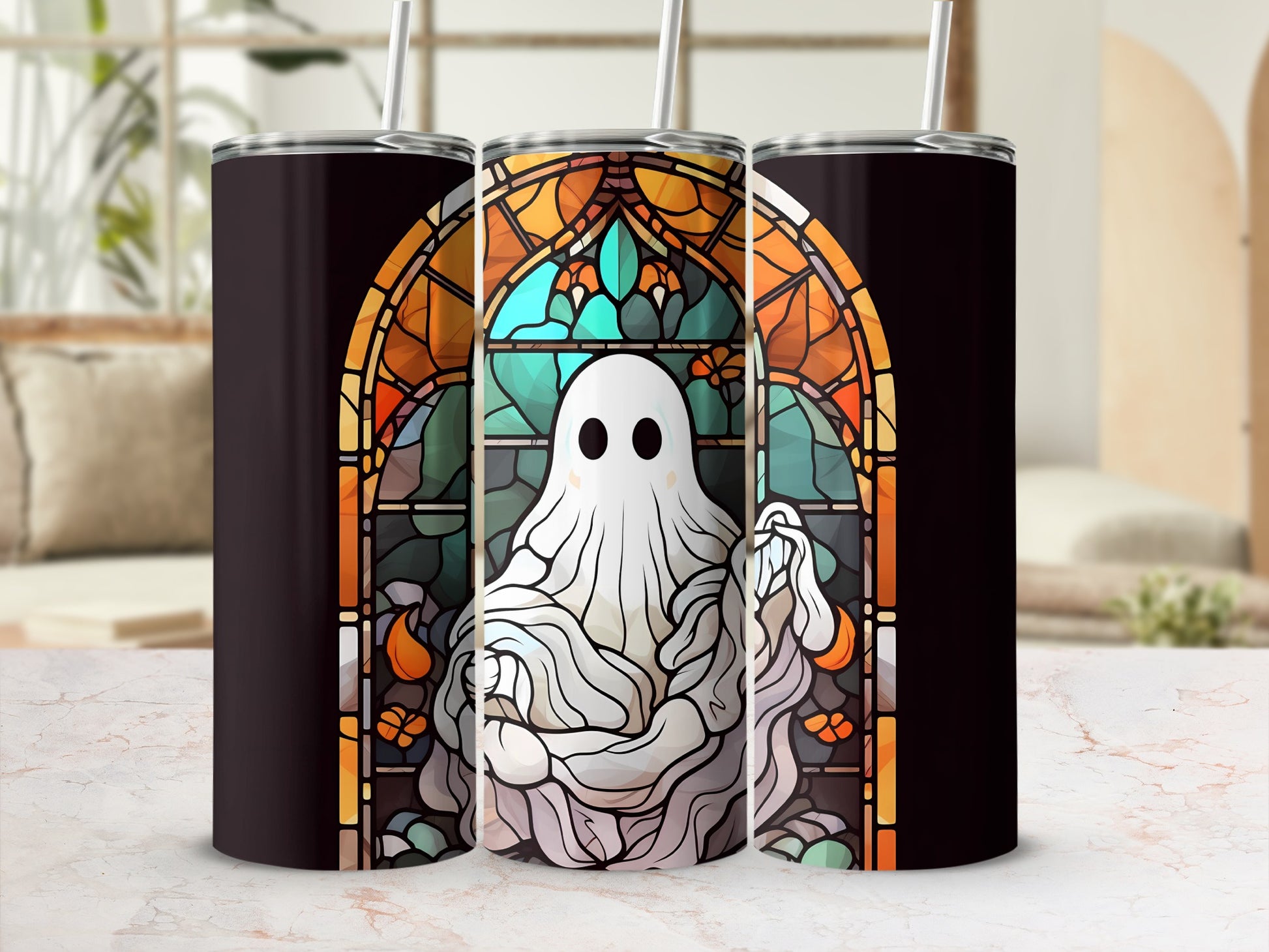 Ghost in stained glass window design on three tumblers.
