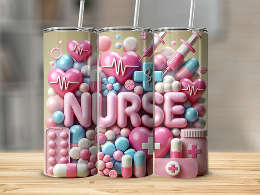 Nurse tumbler with hearts, pills, and medical symbols.