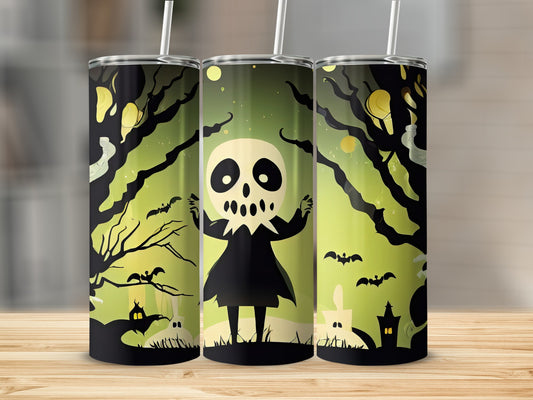 Three tumblers with a spooky Halloween design featuring a skeleton figure and haunted trees.