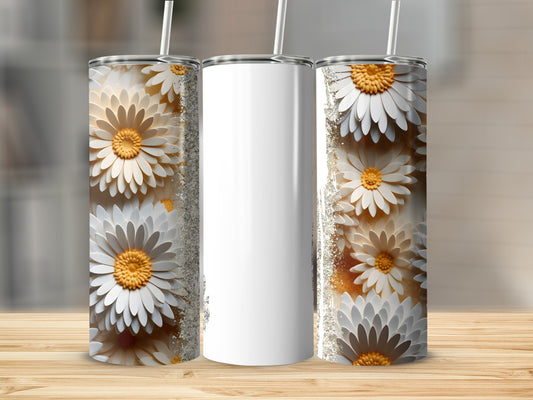 White tumbler with daisy flower pattern and blank space for personalization.