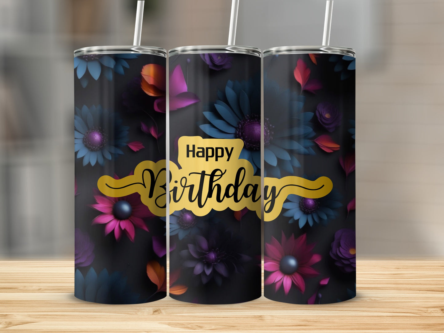 Black tumbler with floral pattern and "Happy Birthday" text.
