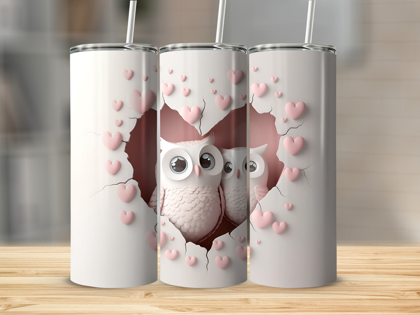 Three white tumblers with pink heart-shaped openings revealing owls.