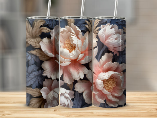 Three tumblers with a detailed floral pattern of pink peonies and blue leaves.