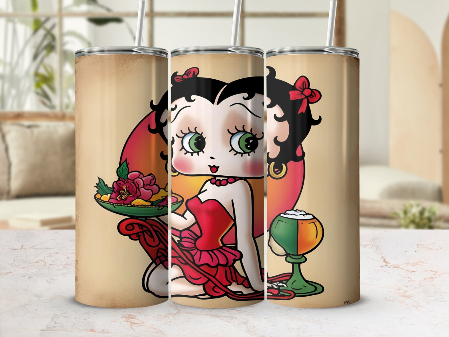 Betty Boop in red dress holding tray with food and drink, tan background.