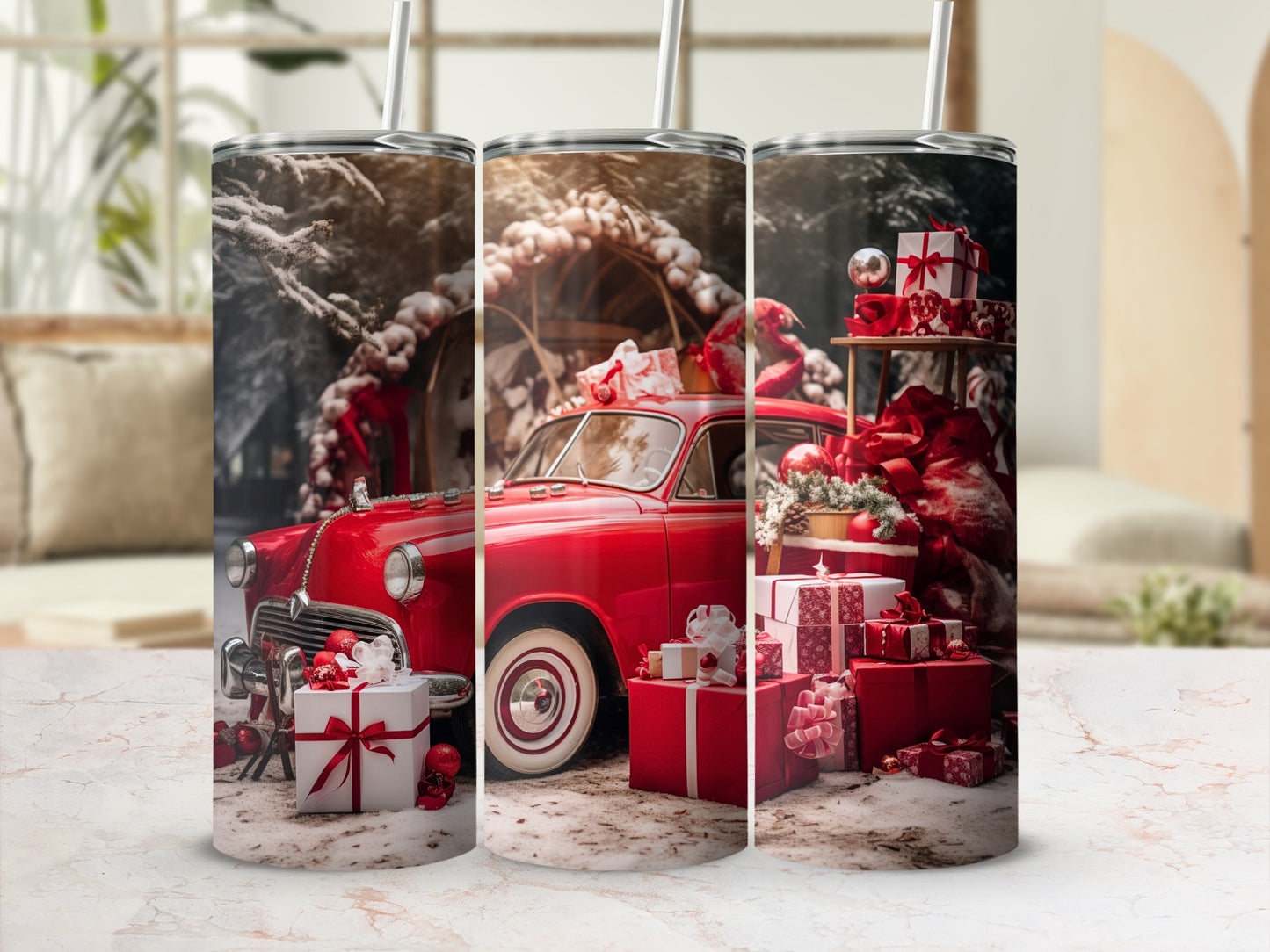 Vintage Holiday Red Car with Christmas Gifts Tumbler