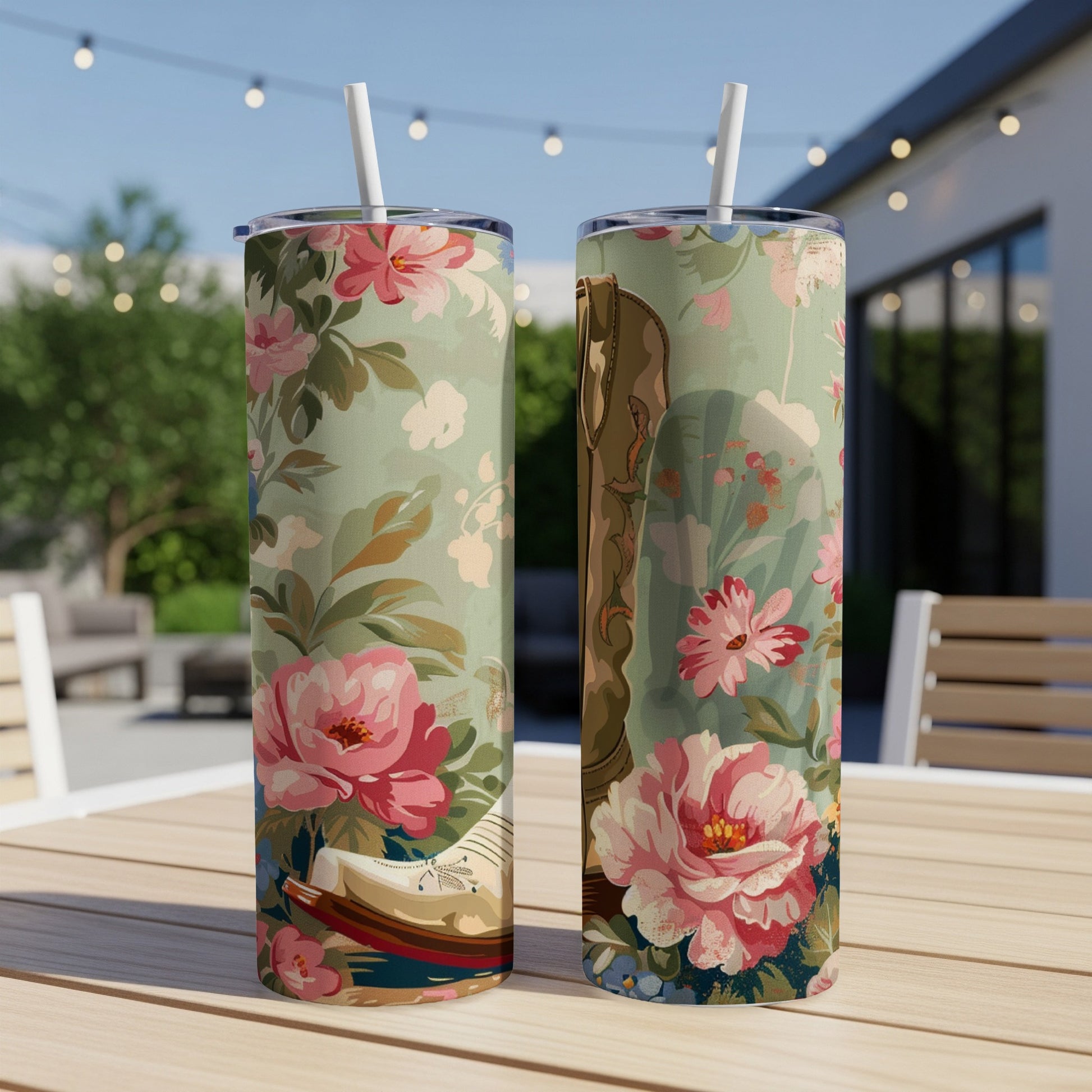 Two tumblers with floral and cowboy boot designs, outdoors.