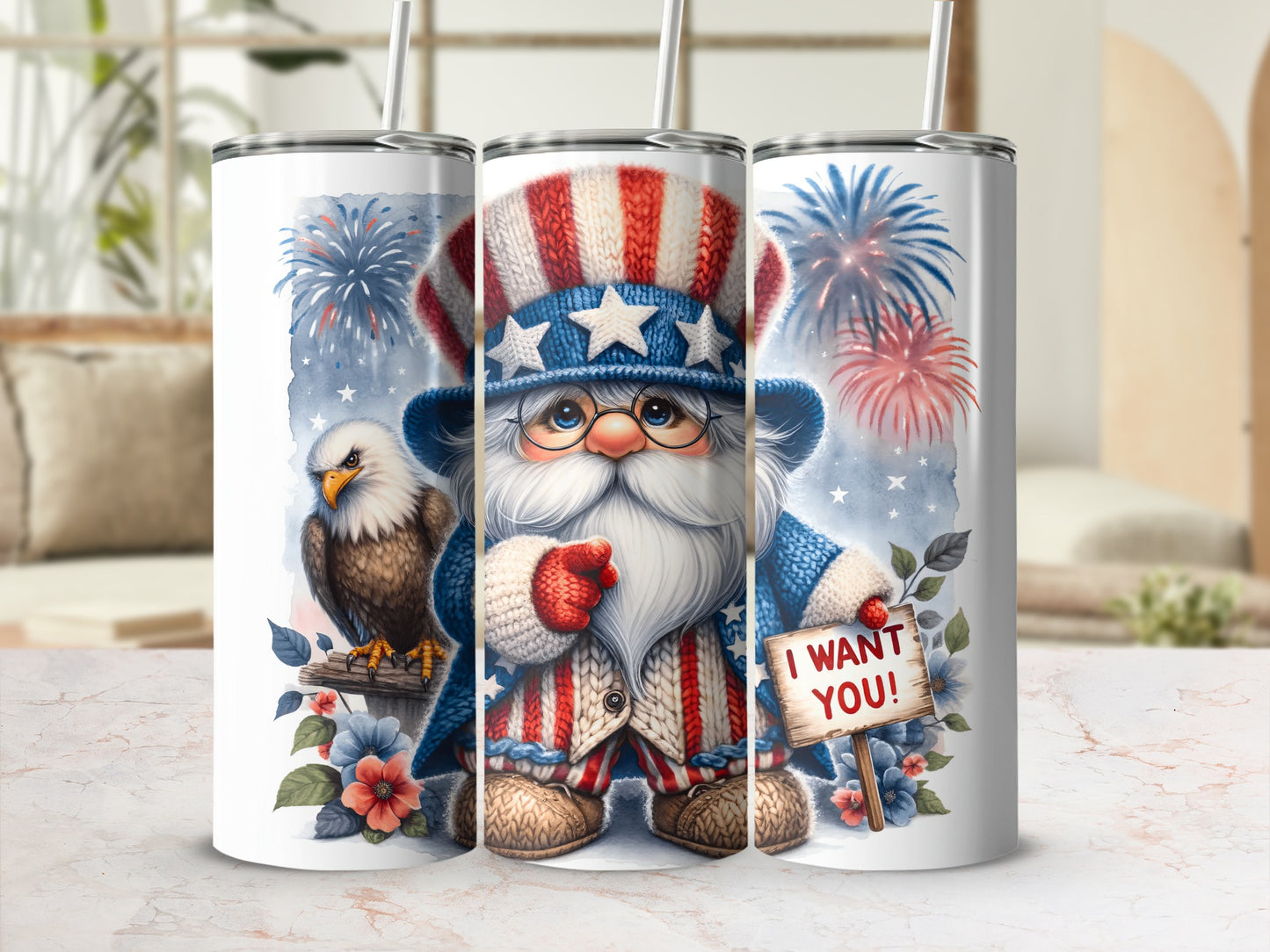 Uncle Sam gnome with eagle, fireworks, and flowers, holding "I WANT YOU!" sign.