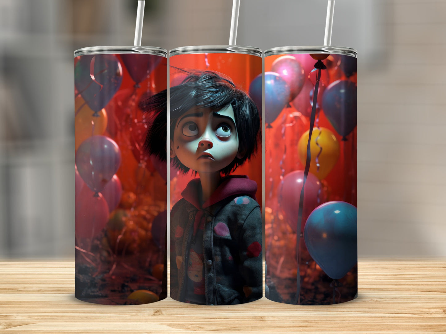 Animated character with balloons on a tumbler