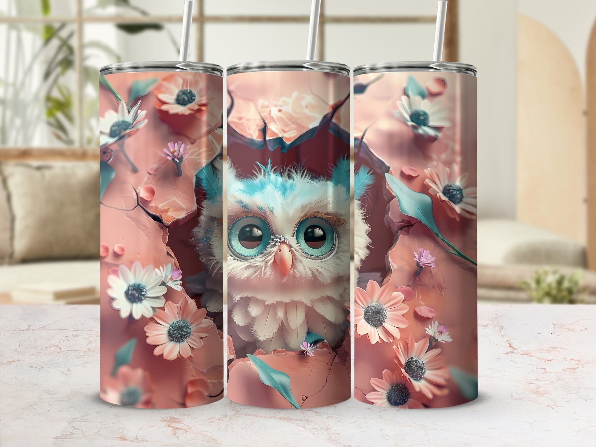 Cute cartoon owl with flowers on a tumbler cup.