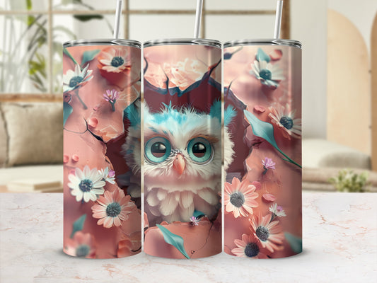 Cute cartoon owl with flowers on a tumbler cup.