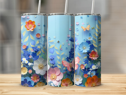 Three tumblers with a blue sky and floral pattern, including butterflies.