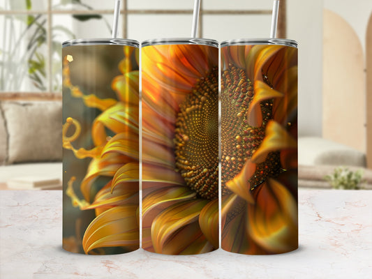 Three tumblers featuring a close-up of a sunflower with warm, glowing petals.