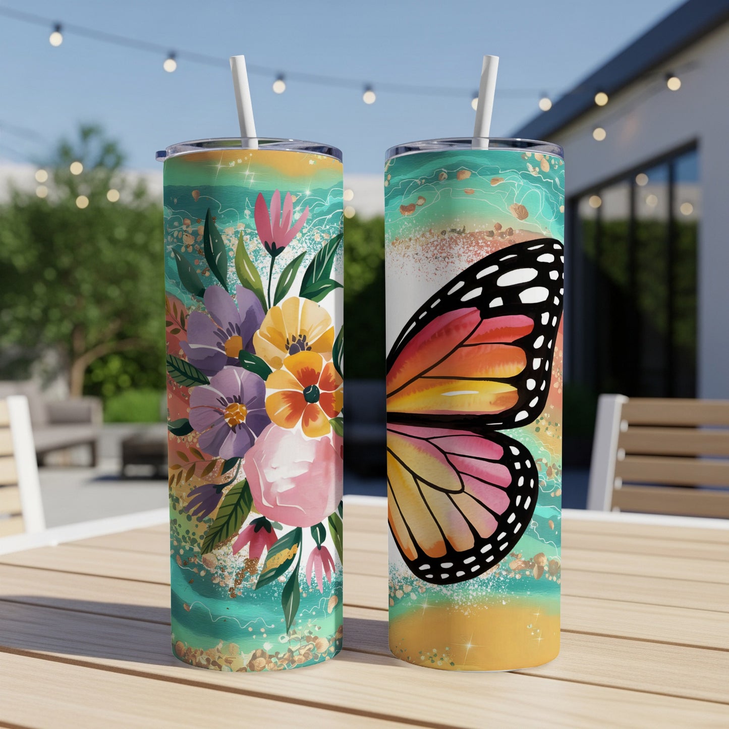 Two tumblers with floral and butterfly designs on a table.