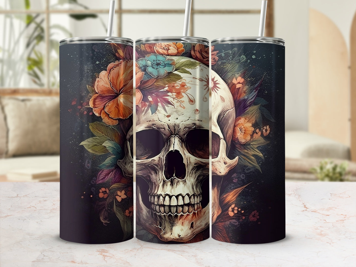Floral Skull Design on Black Tumbler Product
