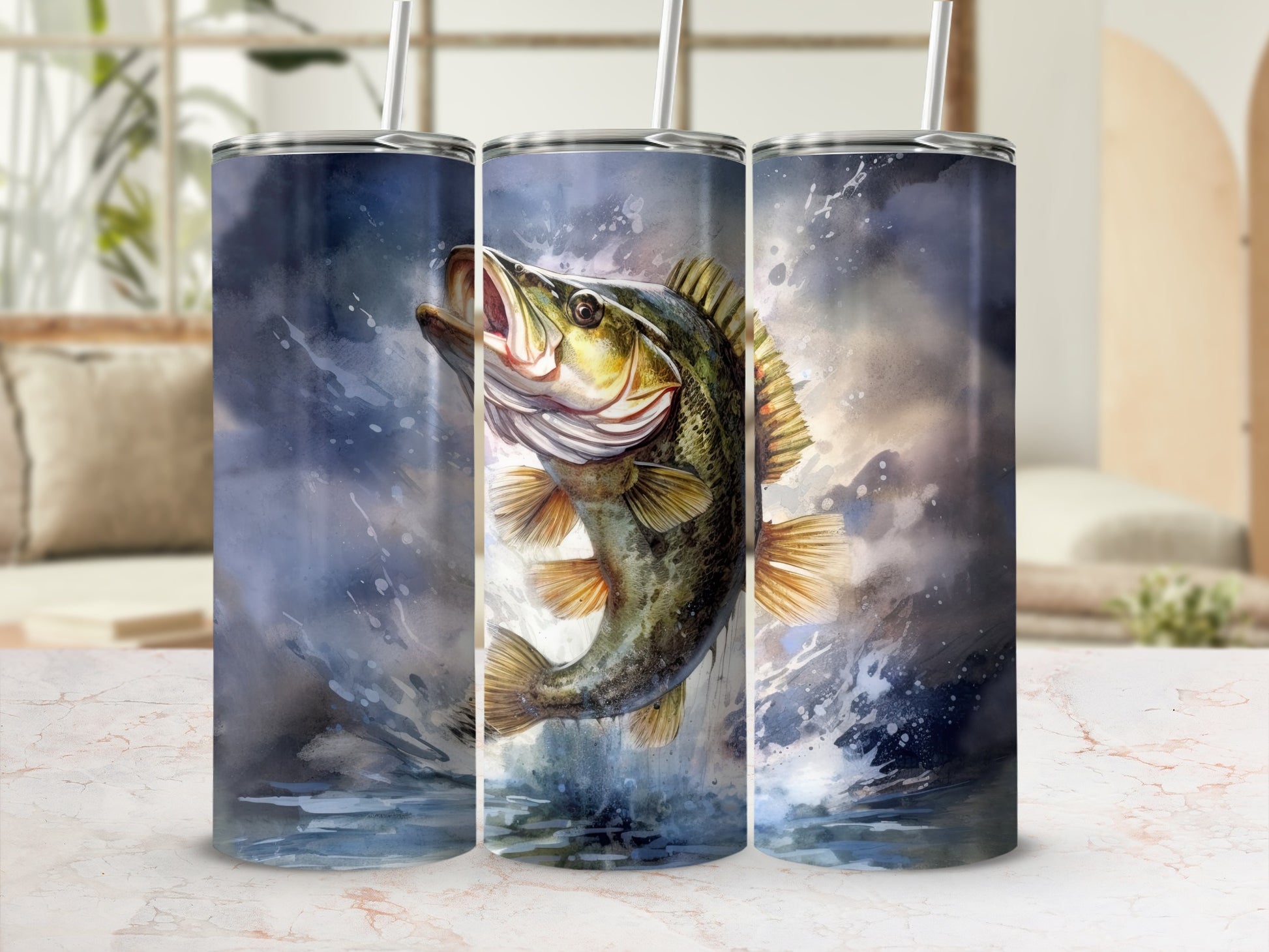 Watercolor largemouth bass leaping from splashing water, three tumblers shown.