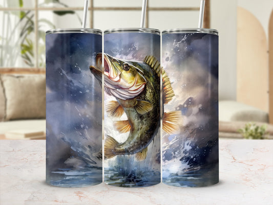 Watercolor largemouth bass leaping from splashing water, three tumblers shown.