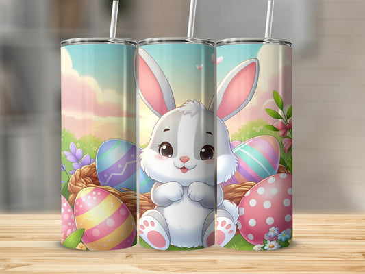 Cute bunny in Easter basket surrounded by colorful eggs and spring scene.