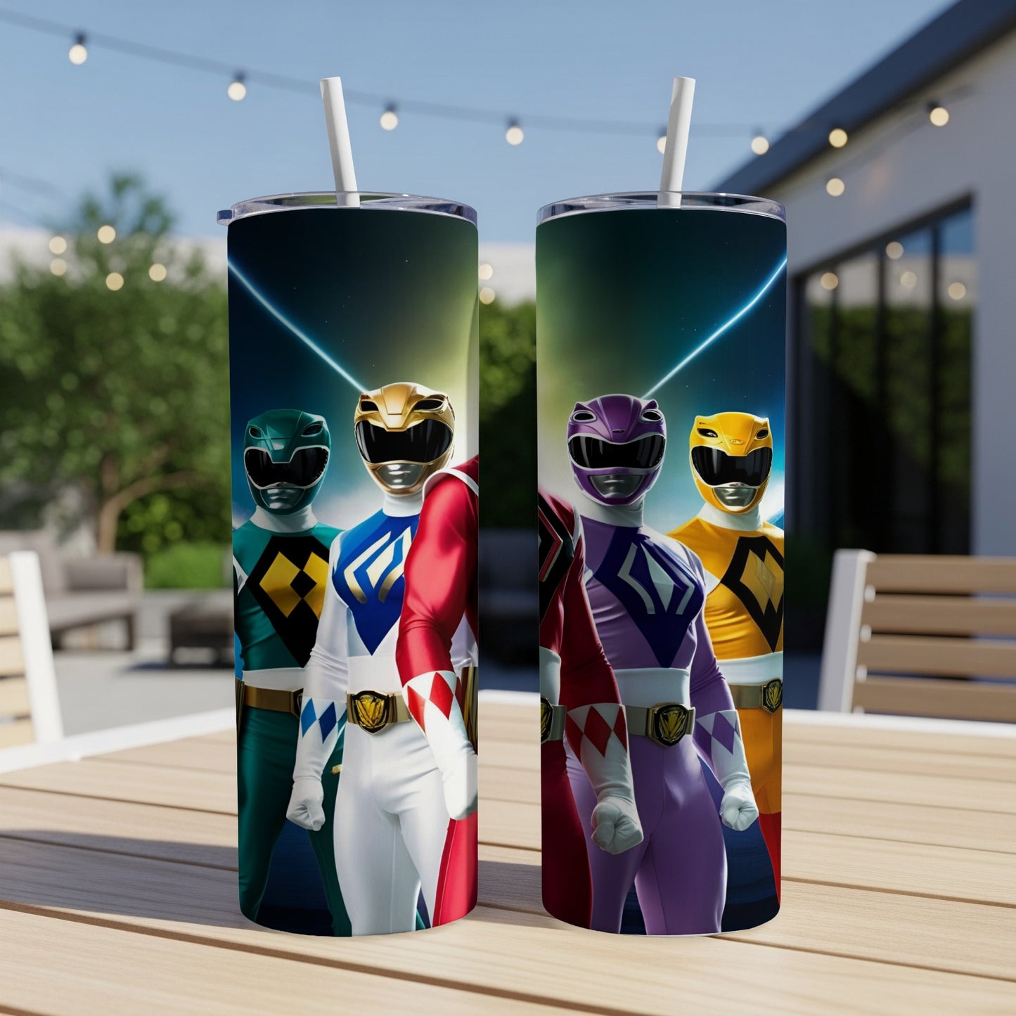 Two Power Rangers tumblers featuring a group of five Power Rangers characters.