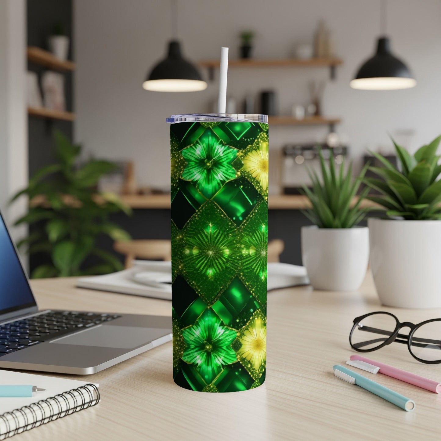Green patterned tumbler with straw on a desk with a laptop.