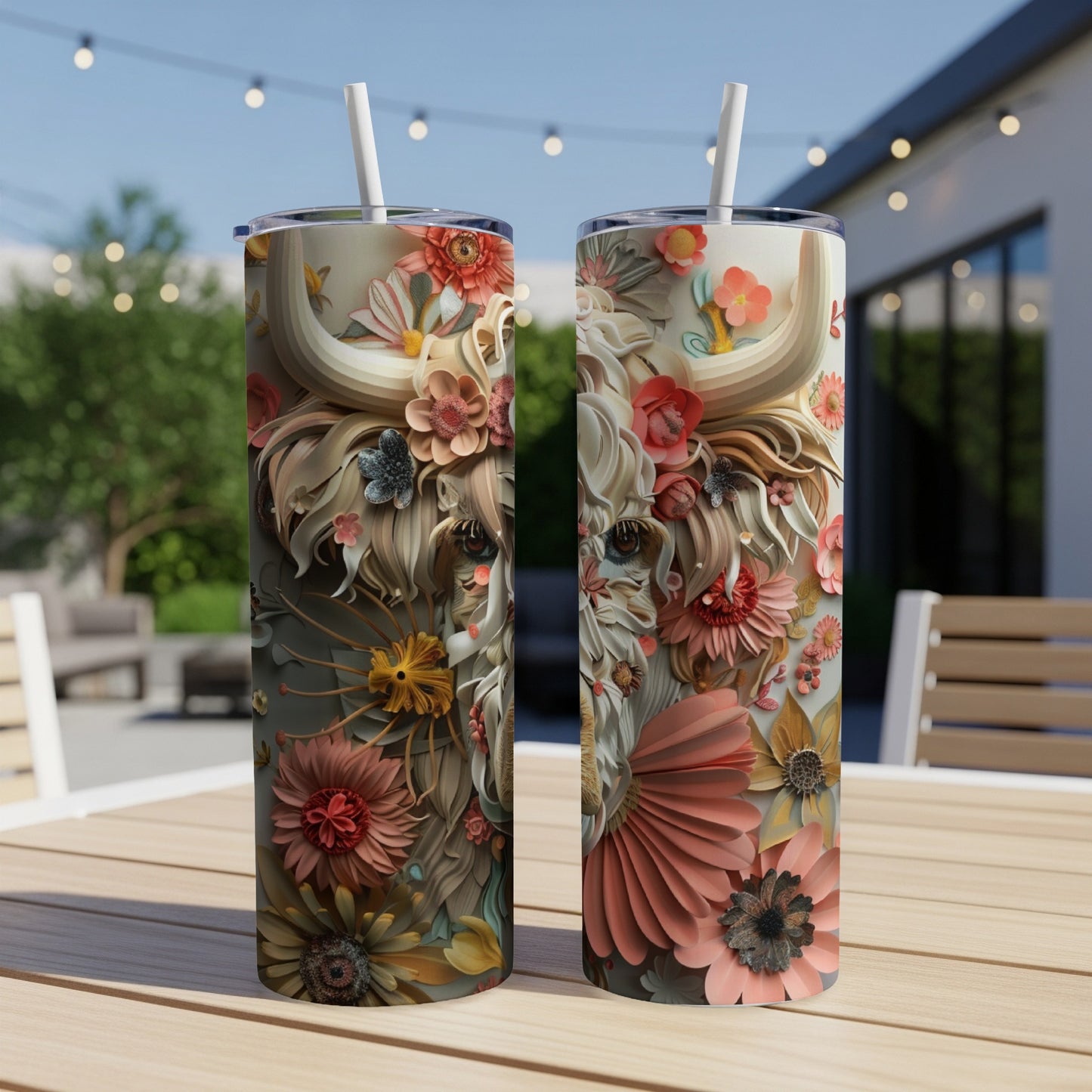 Two tumblers with a floral Highland cow design sit on a wooden table.